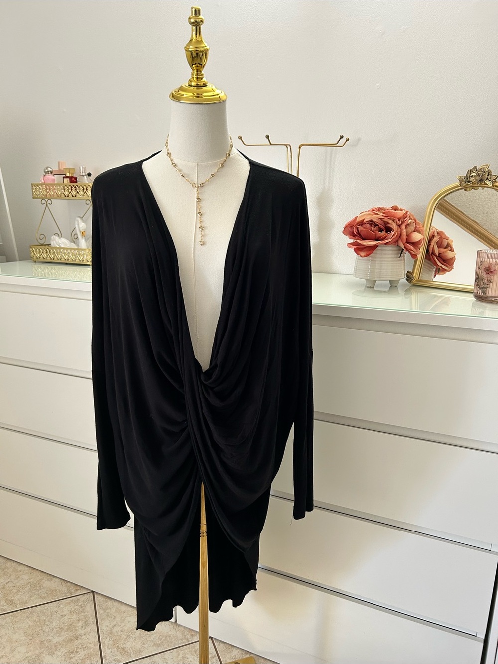 Draped Front Black Long Sleeve Tunic